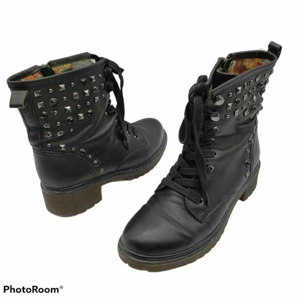 Forleria Shoes Forleria Moto Combat Boots Black Lace Up Studded